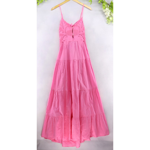 Anthropologie Dresses & Skirts - Anthropologie Bhanuni by Jyoti Pink Large Tired Maxi Dress Eyelet Front Tie Back